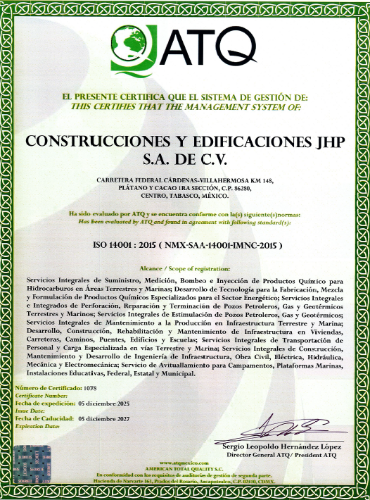 Certificado ISO 14001 de JHP